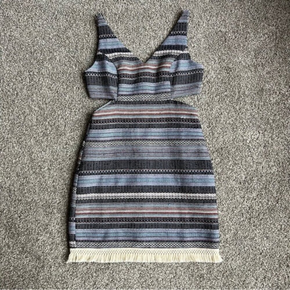 Venus Multi Color Tweed Cut Out Mini Dress With Fringe Hem, Size 6